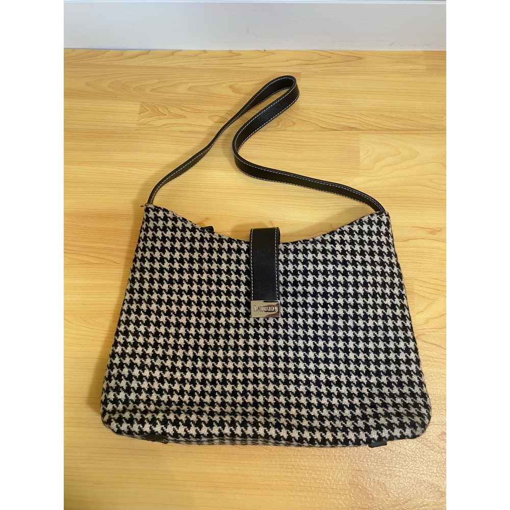Lauren Ralph Lauren Houndstooth Wool Shoulder Bag Black White Leather Trim Hobo